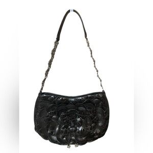 Brighton Rosalie flower petal shoulder 3D floral black patent leather EUC